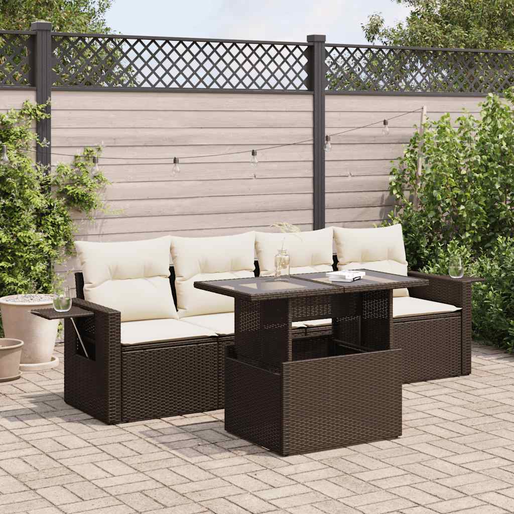 Set Divano da Giardino 5 pz con Cuscini Marrone in Polyrattan