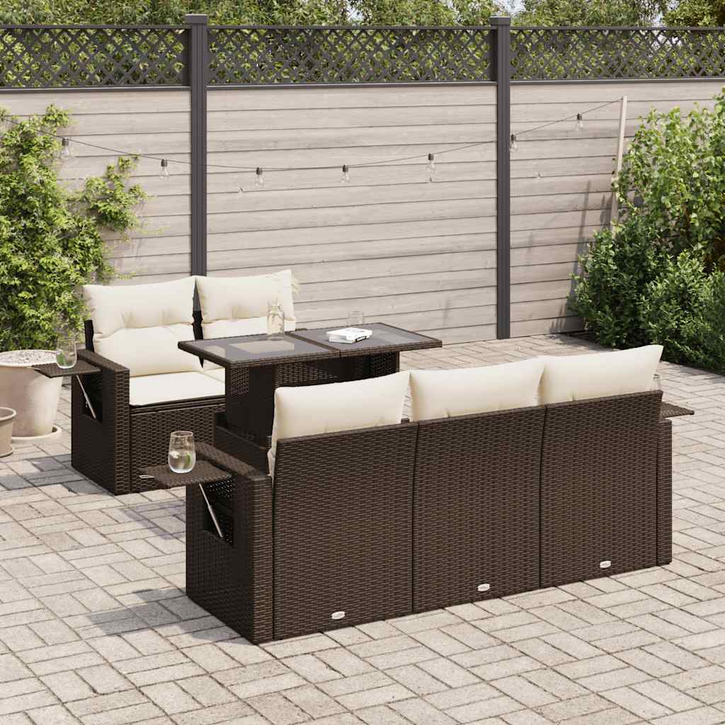 Set Divano da Giardino 6 pz con Cuscini Marrone in Polyrattan