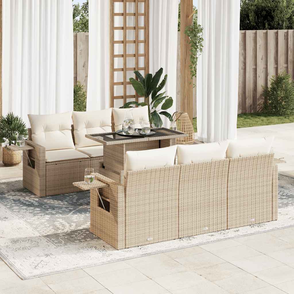 Set Divani da Giardino 7 pz con Cuscini Beige in Polyrattan