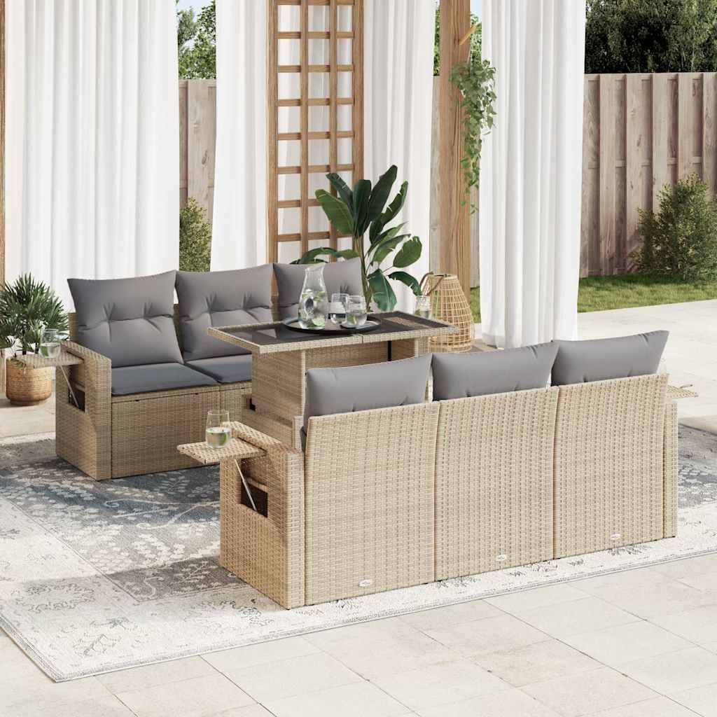 Set Divani da Giardino 7 pz con Cuscini Beige in Polyrattan