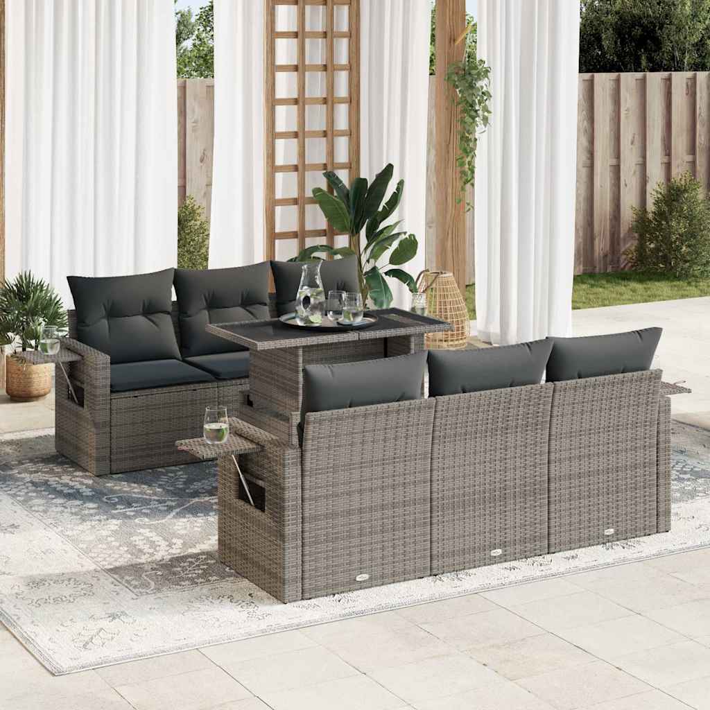 Set Divani da Giardino 7 pz con Cuscini Grigio in Polyrattan