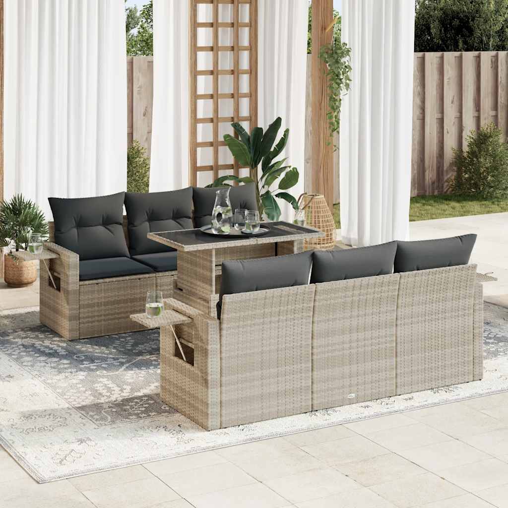 Set Divani da Giardino 7pz con Cuscini Grigio Chiaro Polyrattan