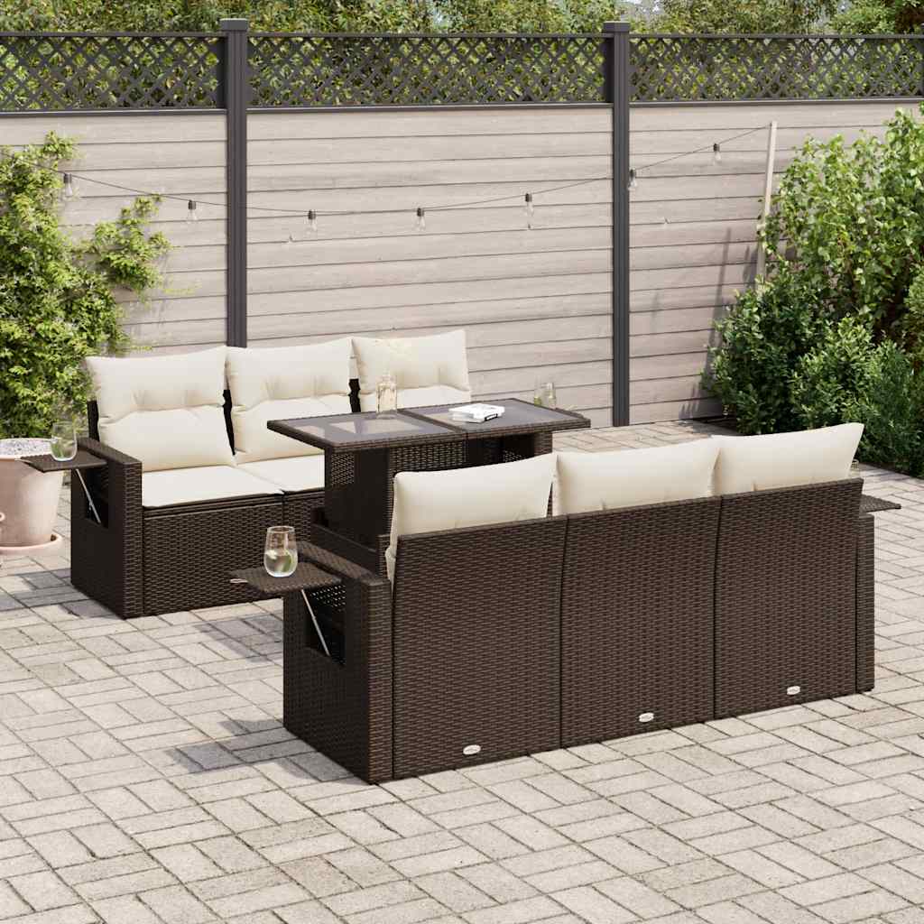 Set Divani da Giardino 7 pz con Cuscini Marrone in Polyrattan