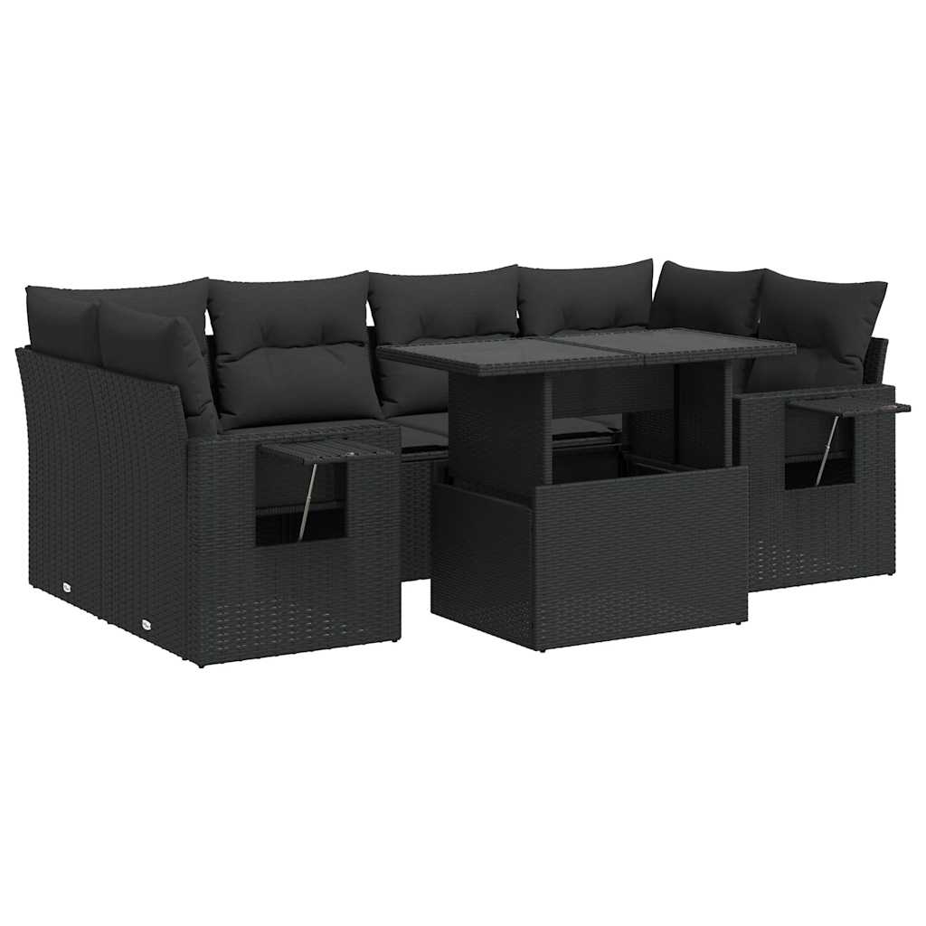 Set Divani da Giardino con Cuscini 7pz Nero Polyrattan