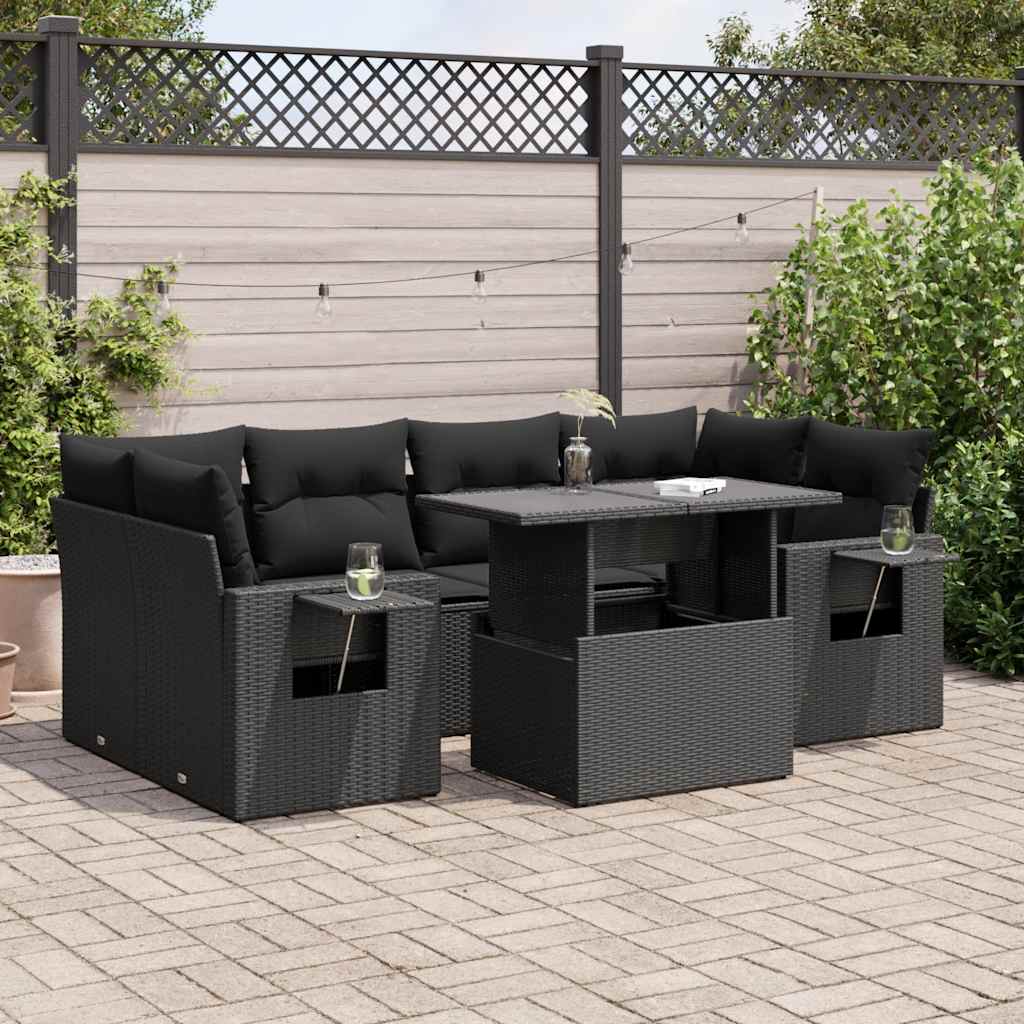 Set Divani da Giardino con Cuscini 7pz Nero Polyrattan