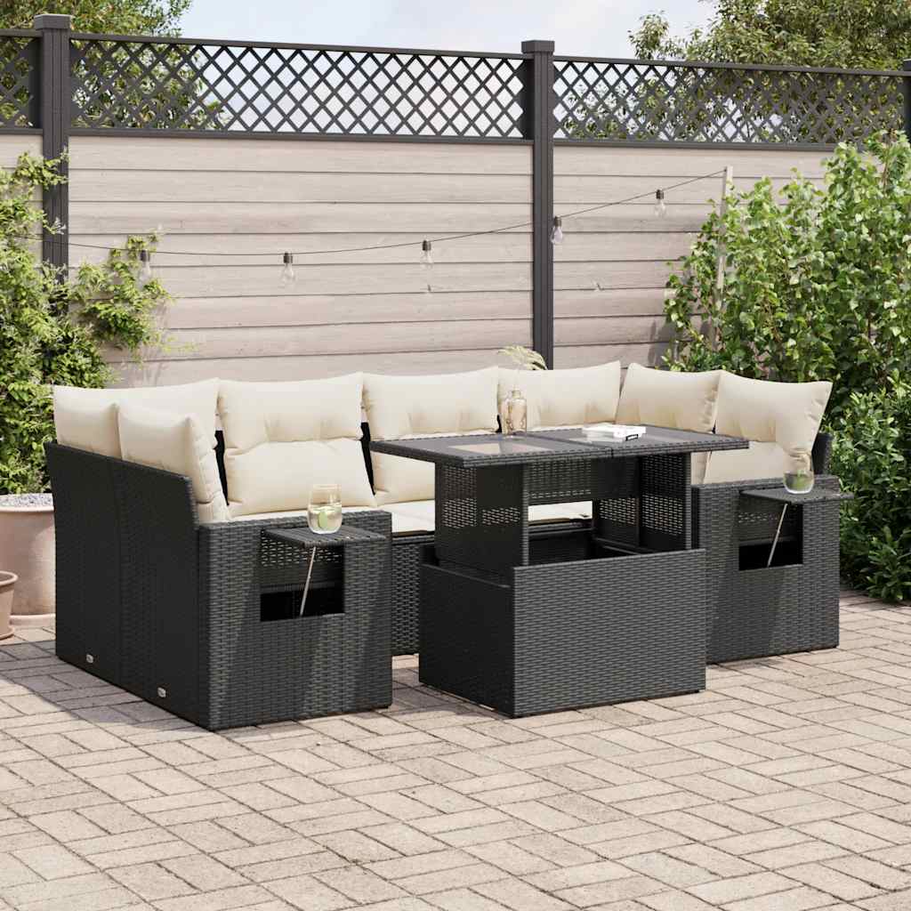 Set Divani da Giardino con Cuscini 7pz Nero Polyrattan