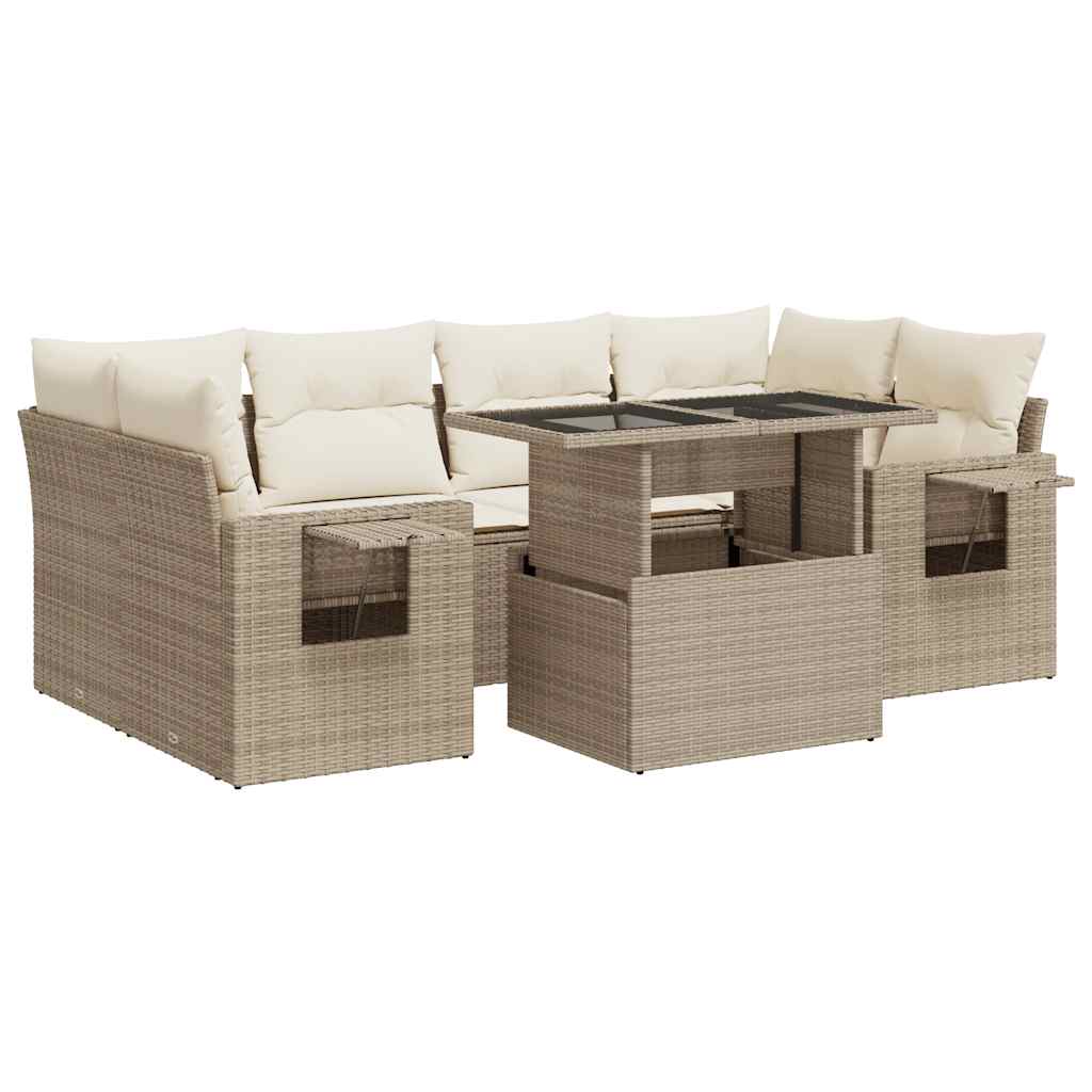 Set Divani da Giardino 7 pz con Cuscini Beige in Polyrattan