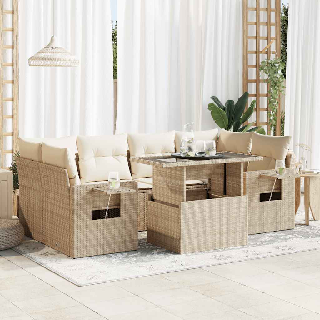 Set Divani da Giardino 7 pz con Cuscini Beige in Polyrattan