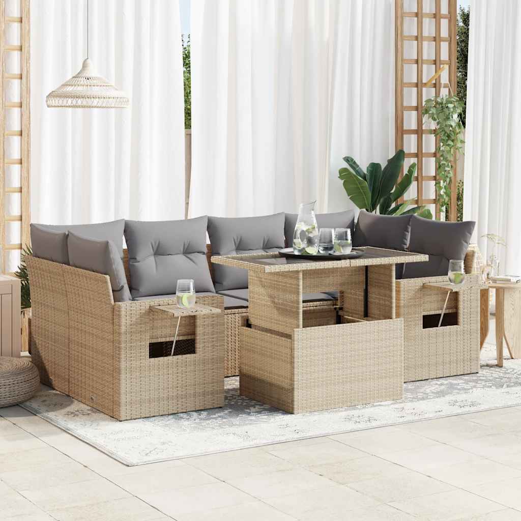 Set Divani da Giardino 7 pz con Cuscini Beige in Polyrattan