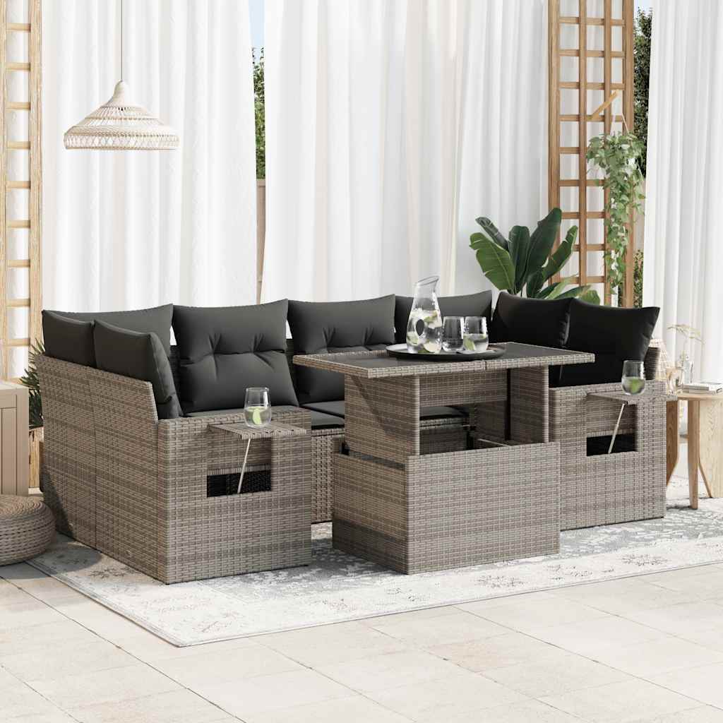 Set Divani da Giardino 7 pz con Cuscini Grigio in Polyrattan