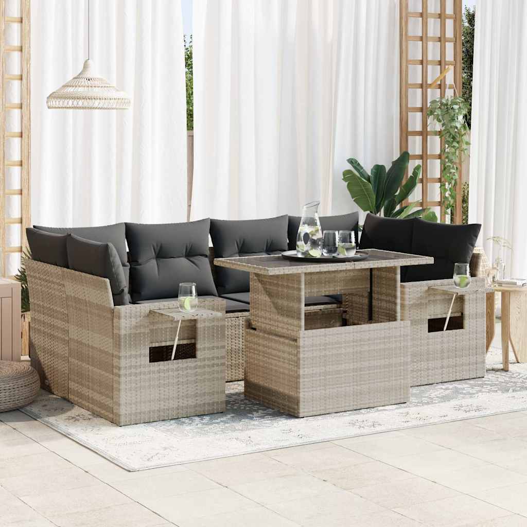 Set Divani da Giardino 7pz con Cuscini Grigio Chiaro Polyrattan