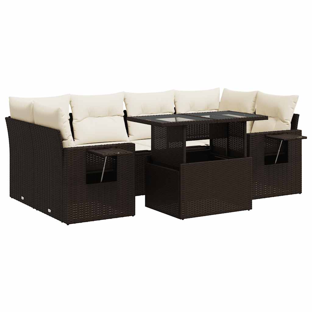 Set Divani da Giardino 7 pz con Cuscini Marrone in Polyrattan