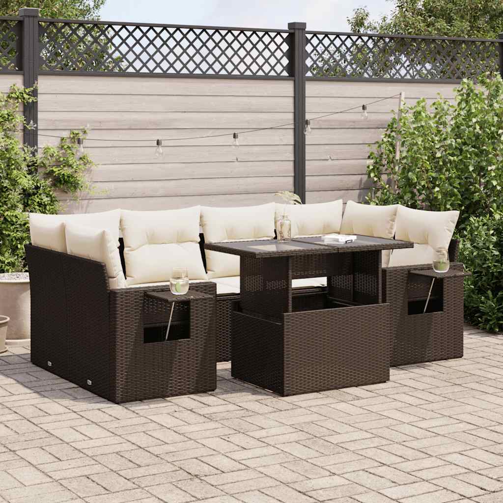 Set Divani da Giardino 7 pz con Cuscini Marrone in Polyrattan