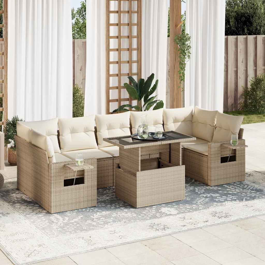 Set Divano da Giardino 8 pz con Cuscini Beige in Polyrattan