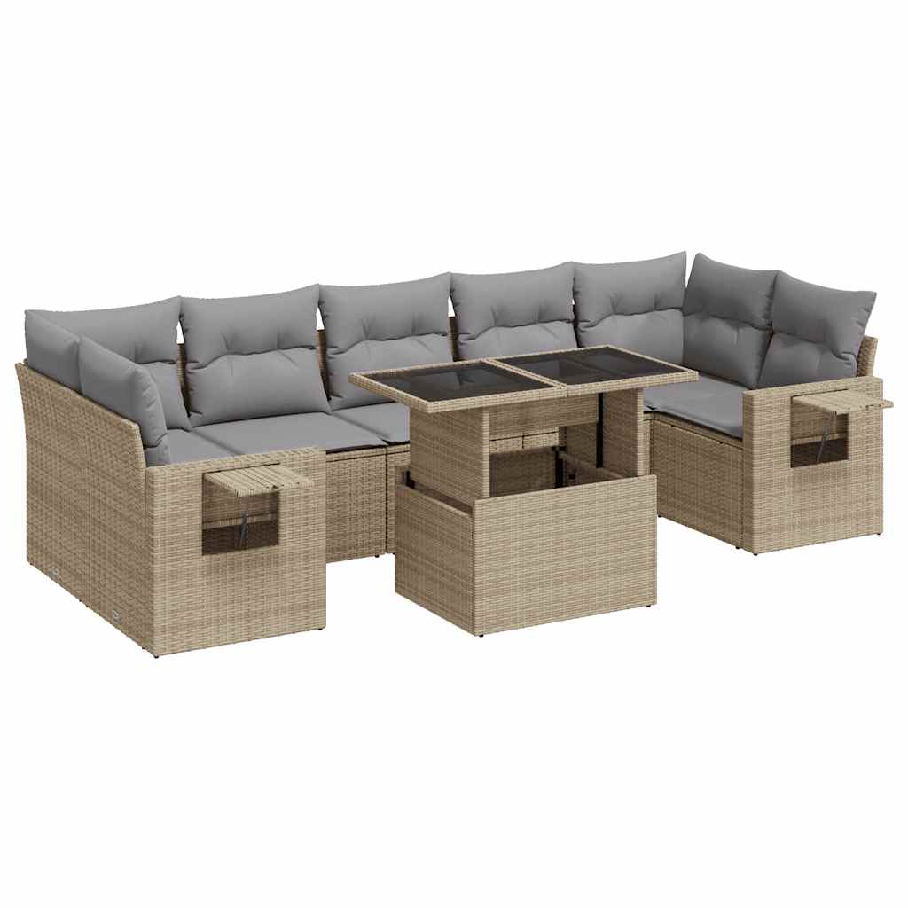 Set Divano da Giardino 8 pz con Cuscini Beige in Polyrattan