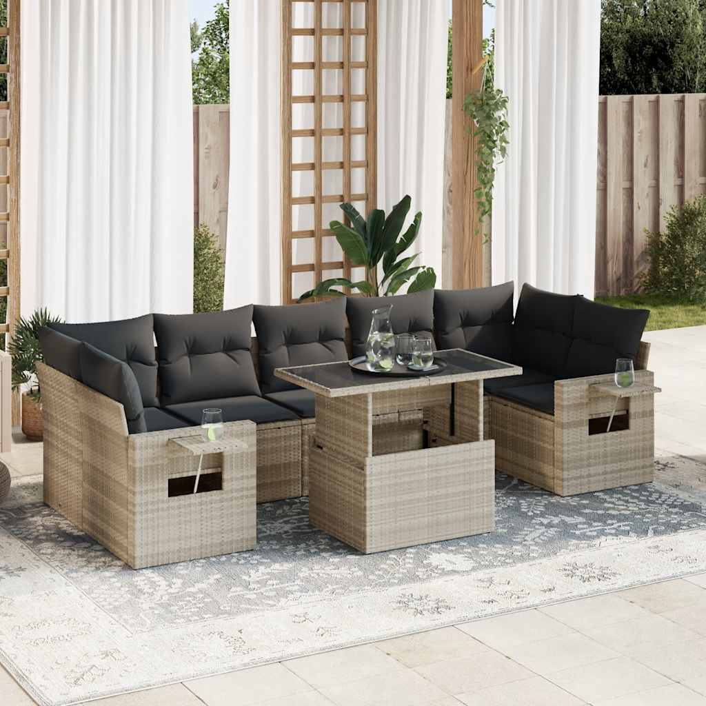 Set Divano da Giardino 8pz con Cuscini Grigio Chiaro Polyrattan