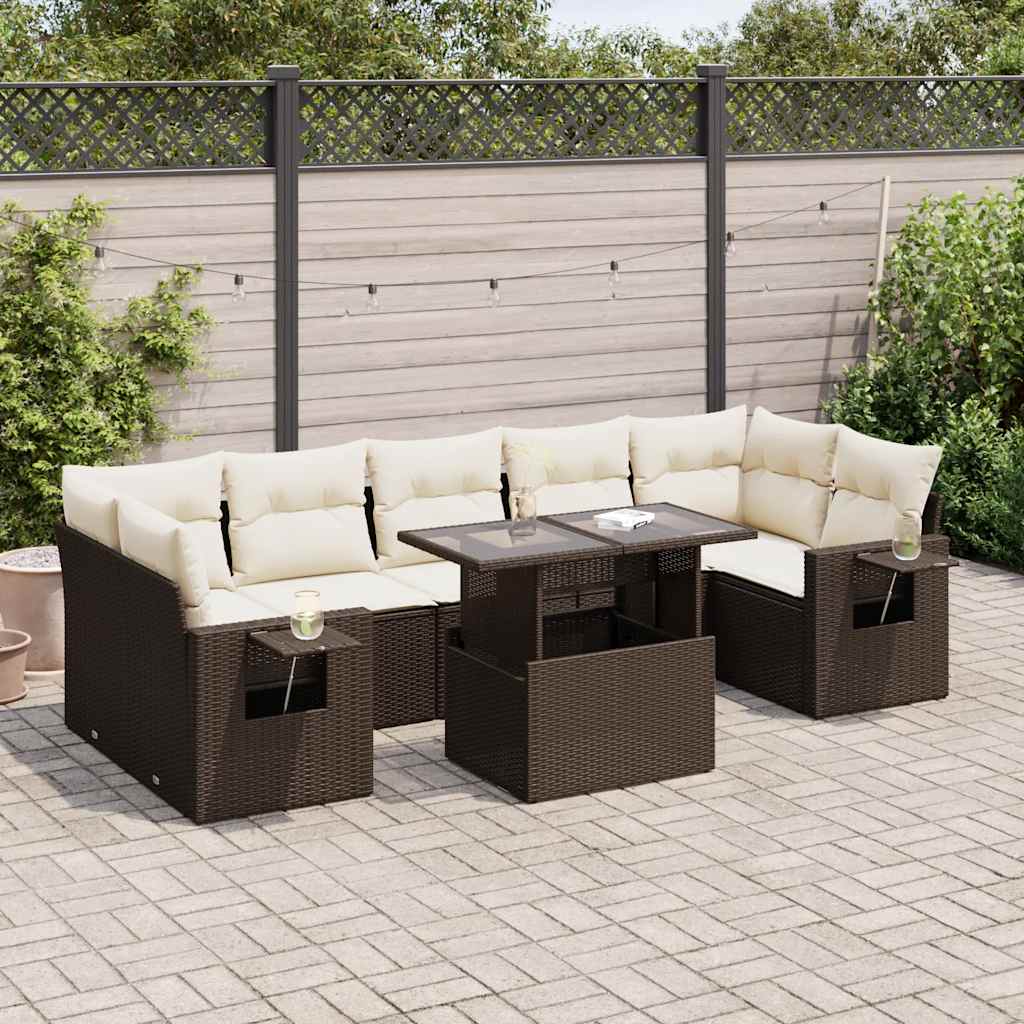 Set Divani da Giardino 8 pz con Cuscini Marrone in Polyrattan