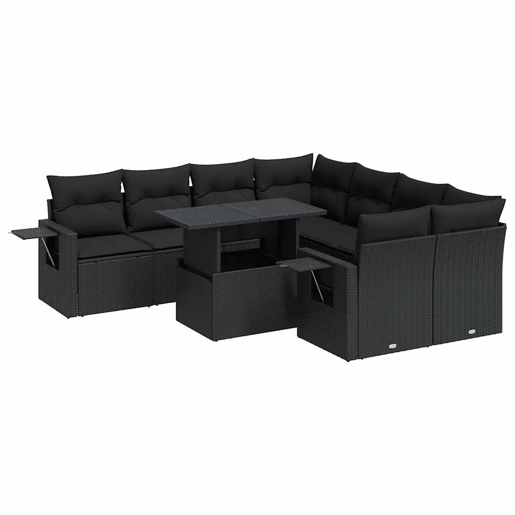 Set Divani da Giardino 9 pz con Cuscini Nero in Polyrattan