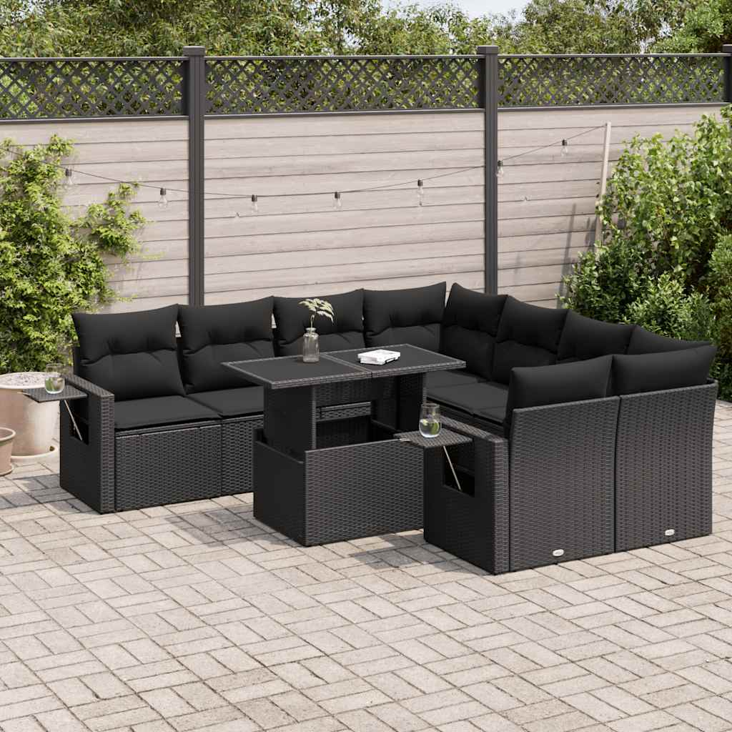 Set Divani da Giardino 9 pz con Cuscini Nero in Polyrattan