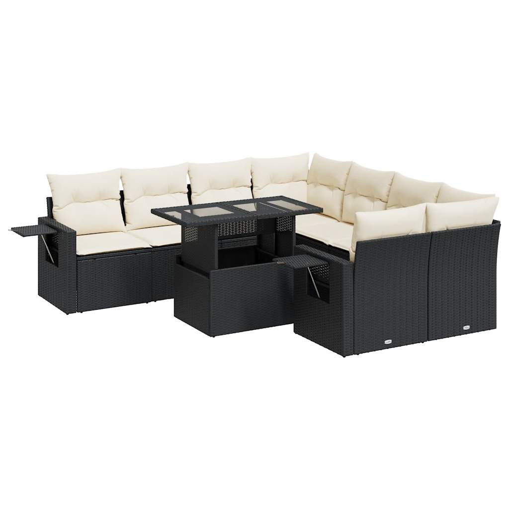 Set Divani da Giardino 9 pz con Cuscini Nero in Polyrattan