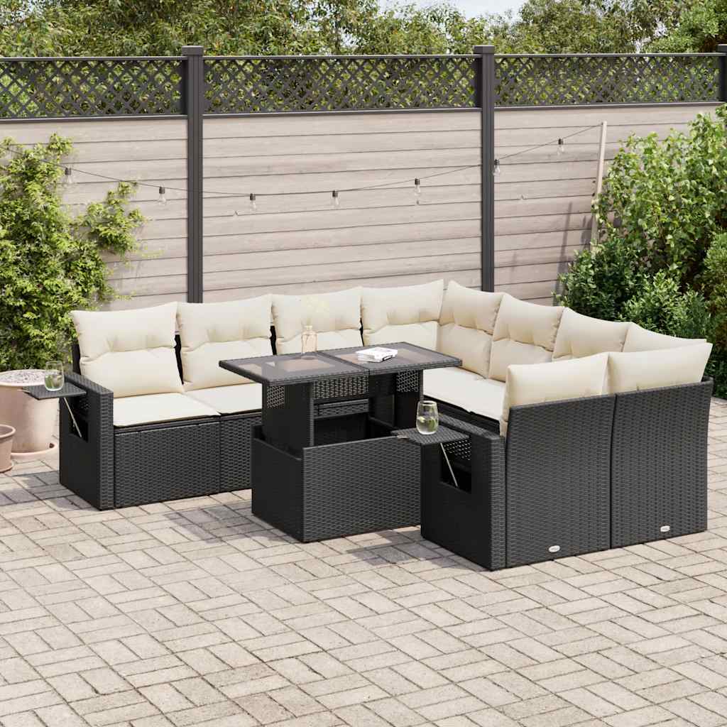 Set Divani da Giardino 9 pz con Cuscini Nero in Polyrattan