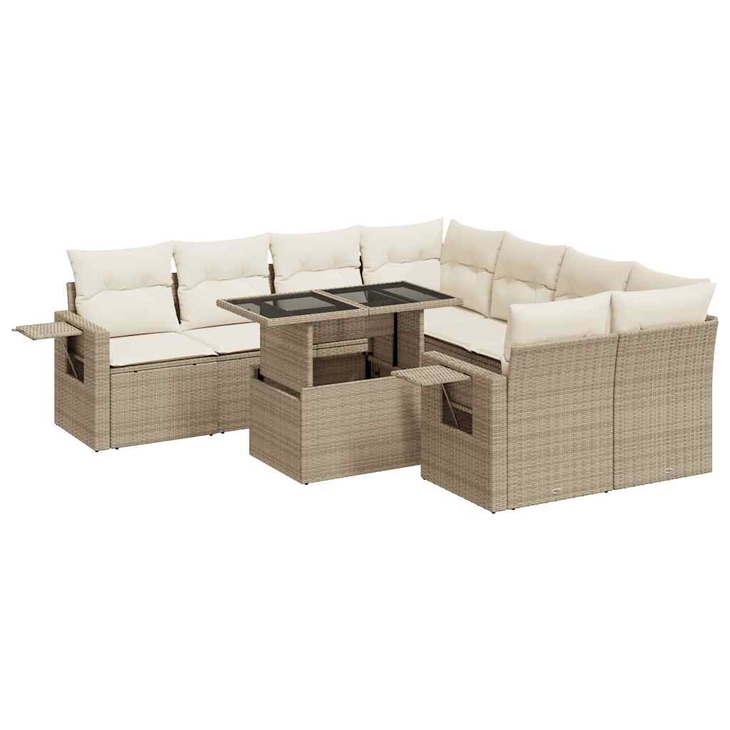 Set Divano da Giardino 9 pz con Cuscini Beige in Polyrattan