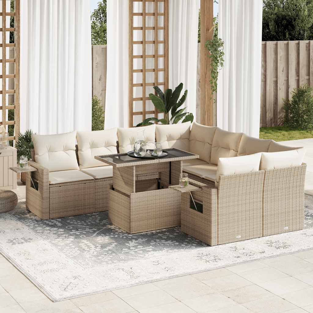 Set Divano da Giardino 9 pz con Cuscini Beige in Polyrattan