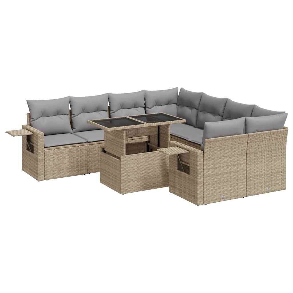 Set Divano da Giardino 9 pz con Cuscini Beige in Polyrattan