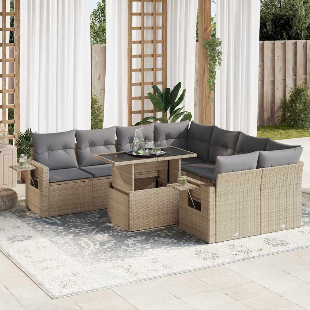 Set Divano da Giardino 9 pz con Cuscini Beige in Polyrattan