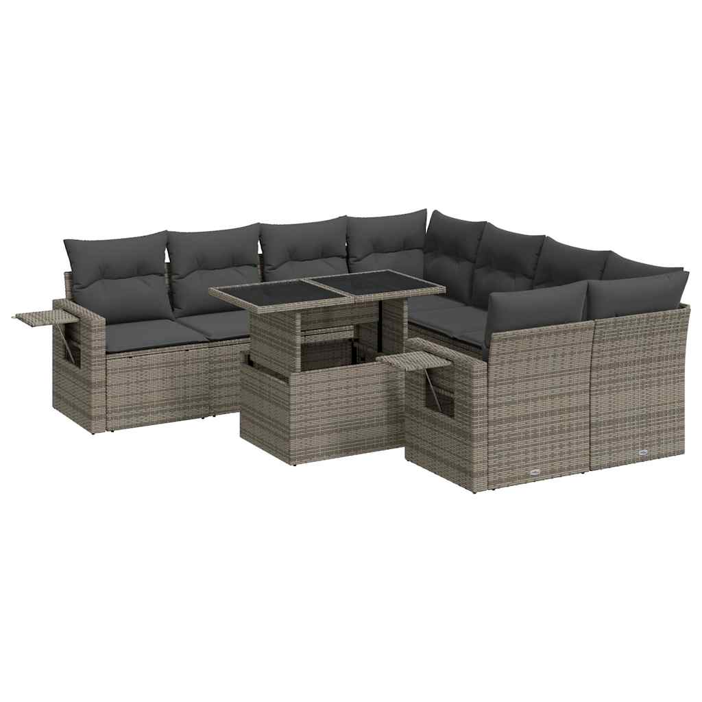 Set Divano da Giardino 9 pz con Cuscini Grigio in Polyrattan