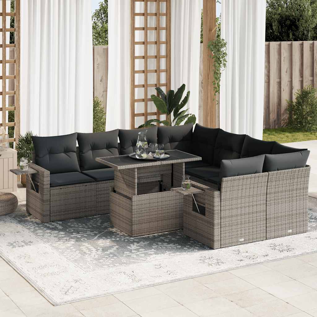 Set Divano da Giardino 9 pz con Cuscini Grigio in Polyrattan