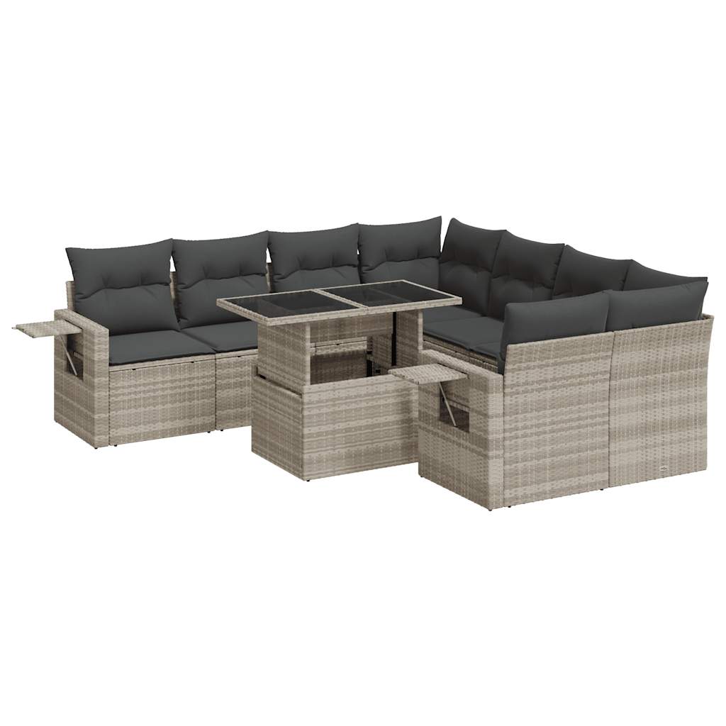 Set Divano da Giardino 9pz con Cuscini Grigio Chiaro Polyrattan