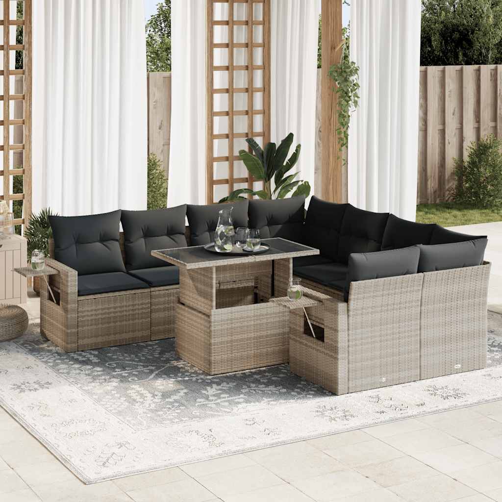 Set Divano da Giardino 9pz con Cuscini Grigio Chiaro Polyrattan