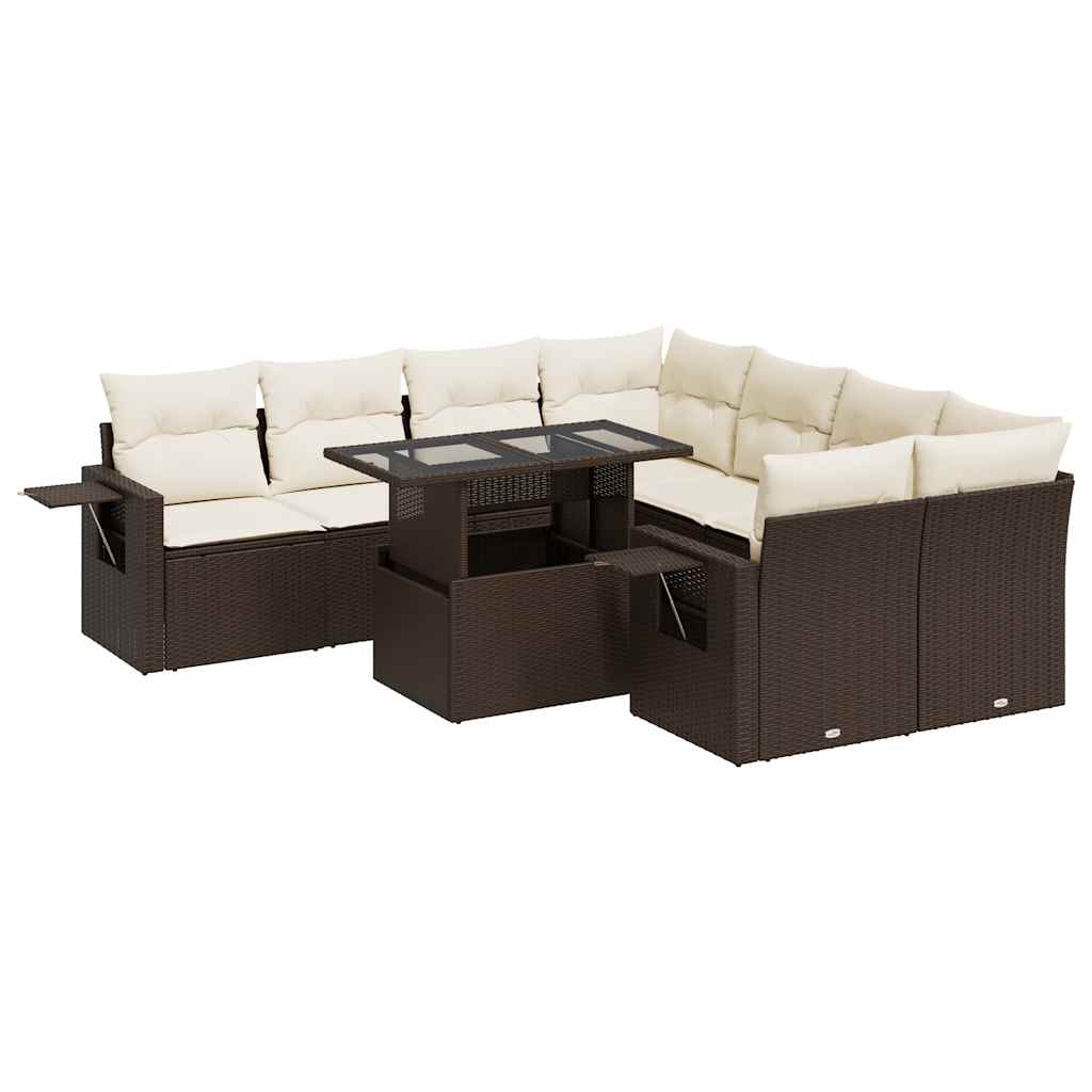 Set Divani da Giardino 9pz con Cuscini Marrone in Polyrattan