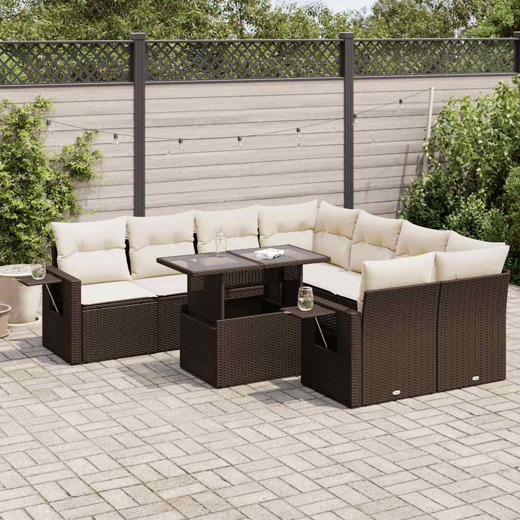 Set Divani da Giardino 9pz con Cuscini Marrone in Polyrattan