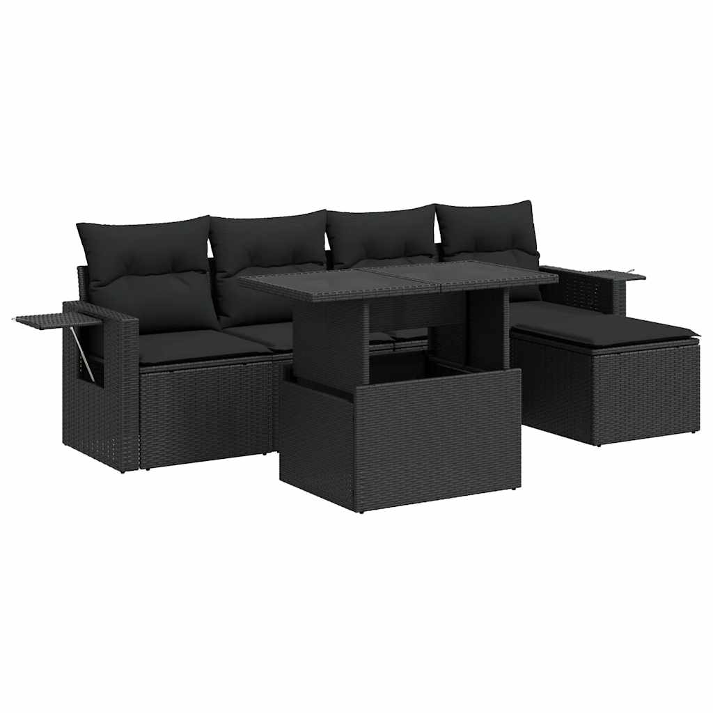 Set Divano da Giardino 6 pz con Cuscini Nero in Polyrattan