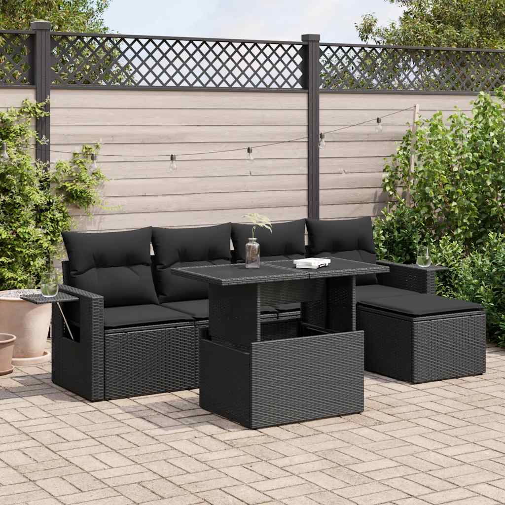 Set Divano da Giardino 6 pz con Cuscini Nero in Polyrattan