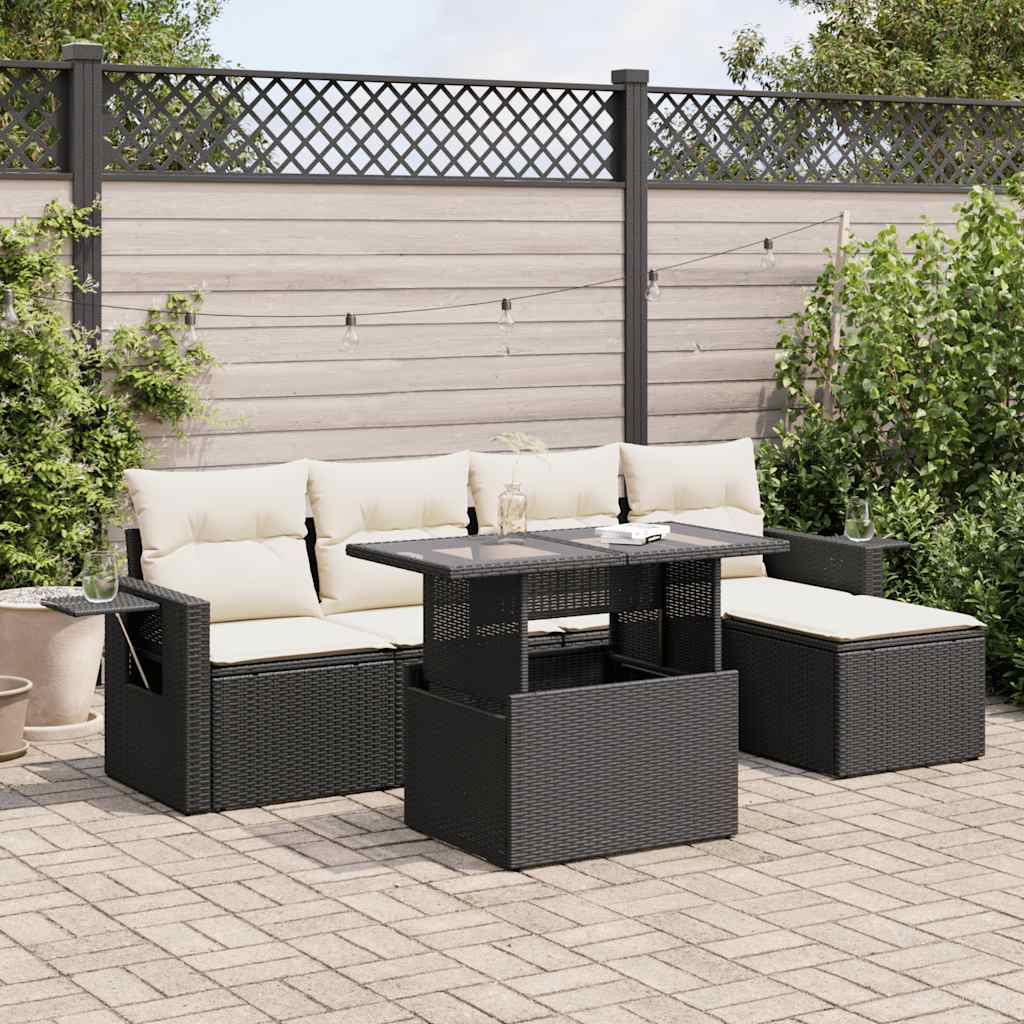 Set Divano da Giardino 6 pz con Cuscini Nero in Polyrattan