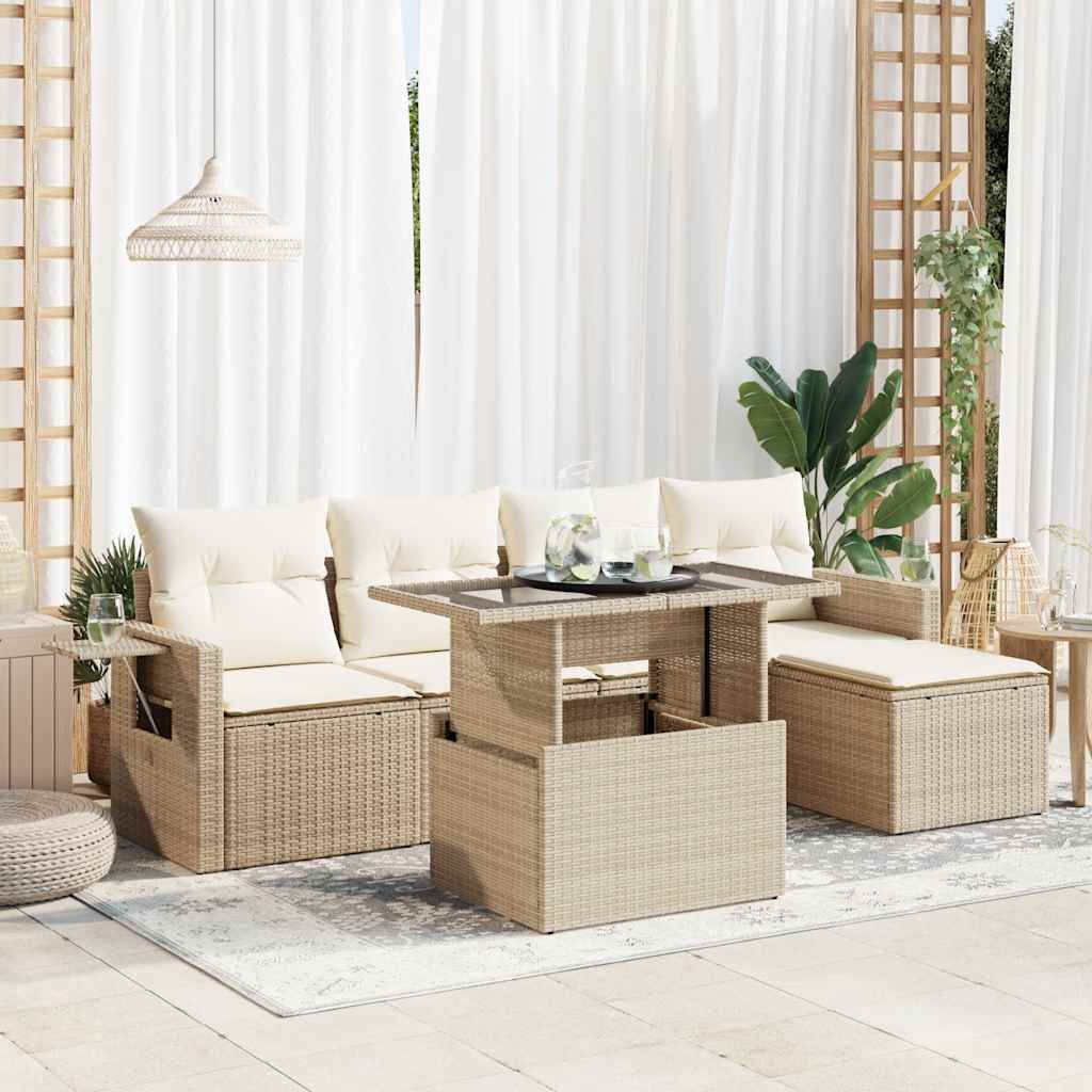 Set Divano da Giardino 6 pz con Cuscini Beige in Polyrattan