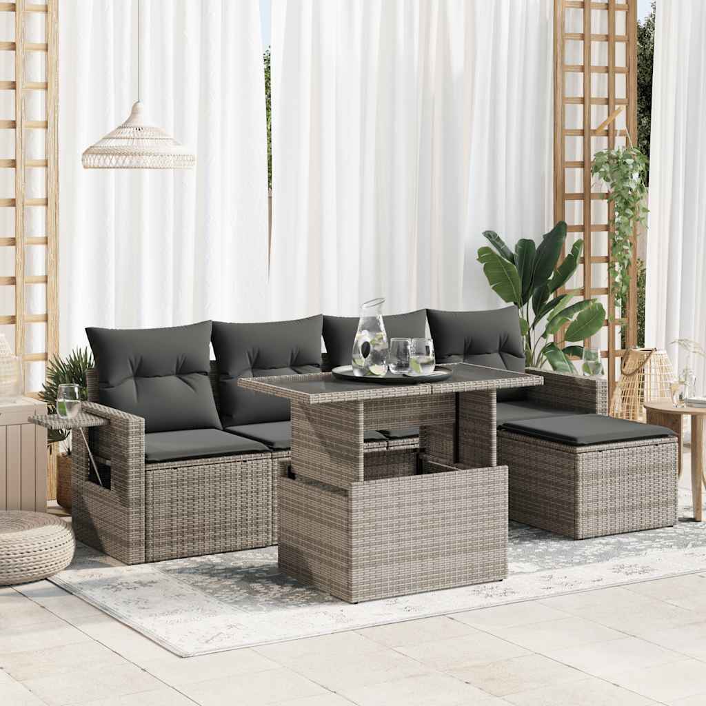 Set Divano da Giardino 6 pz con Cuscini Grigio in Polyrattan