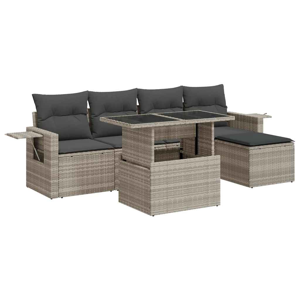 Set Divano da Giardino 6pz con Cuscini Grigio Chiaro Polyrattan