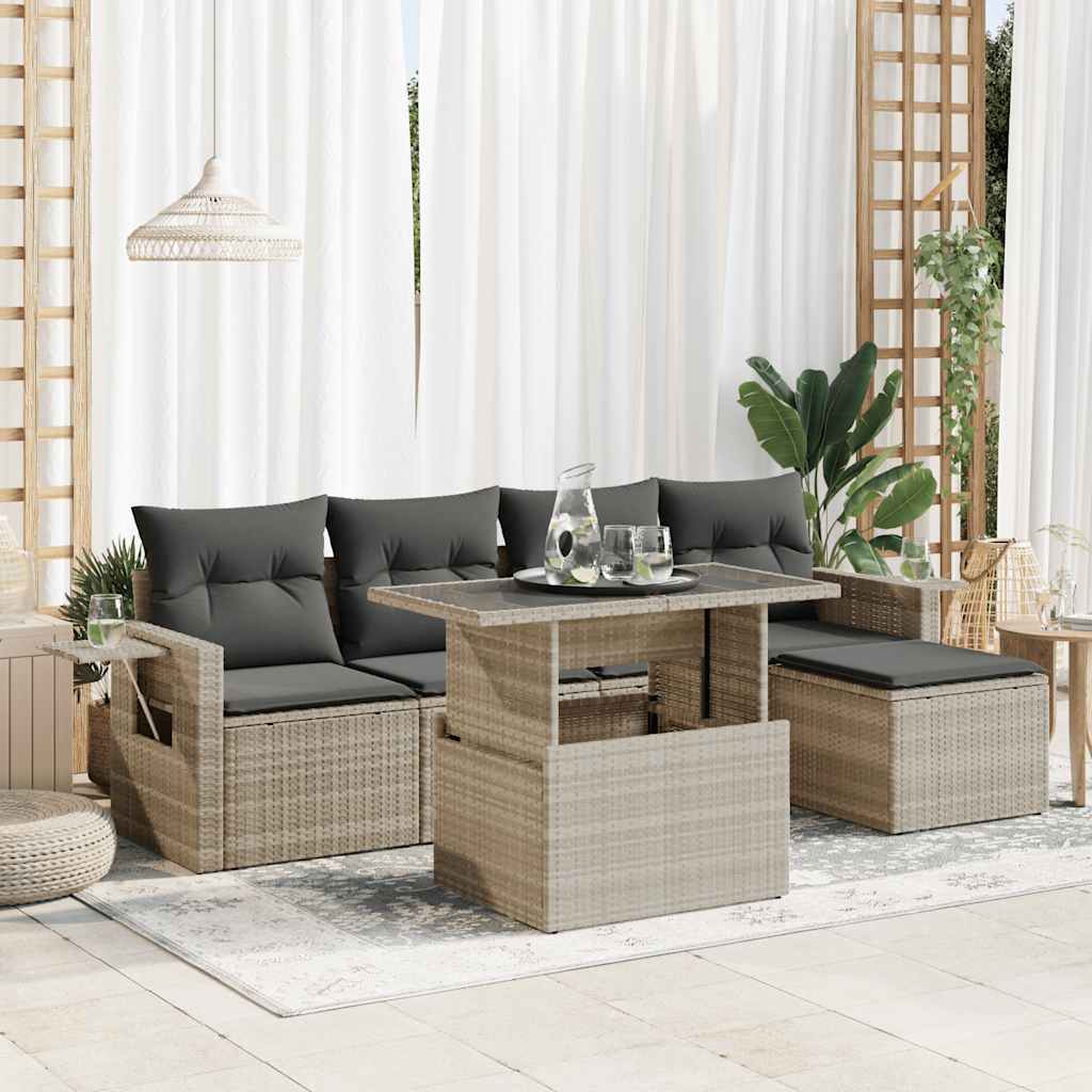 Set Divano da Giardino 6pz con Cuscini Grigio Chiaro Polyrattan