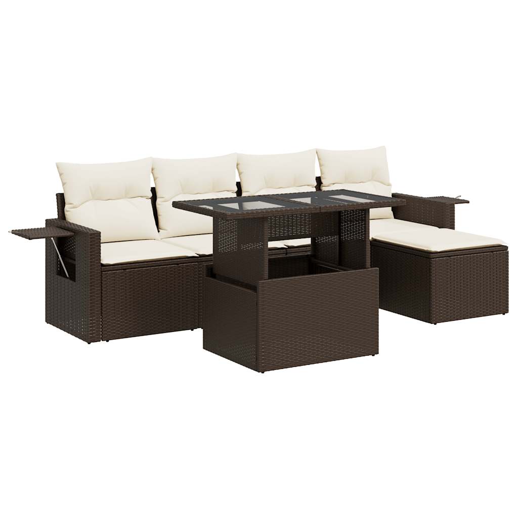 Set Divano da Giardino 6 pz con Cuscini Marrone in Polyrattan