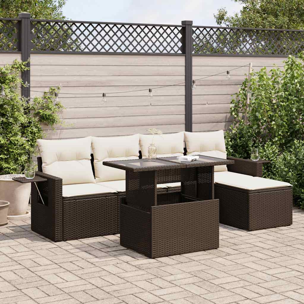 Set Divano da Giardino 6 pz con Cuscini Marrone in Polyrattan