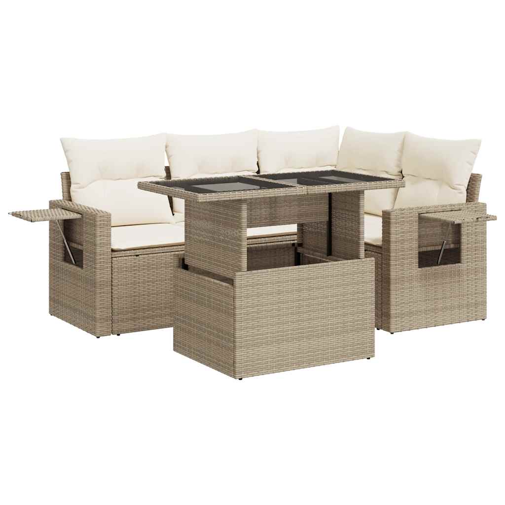 Set Divano da Giardino 5 pz con Cuscini Beige in Polyrattan