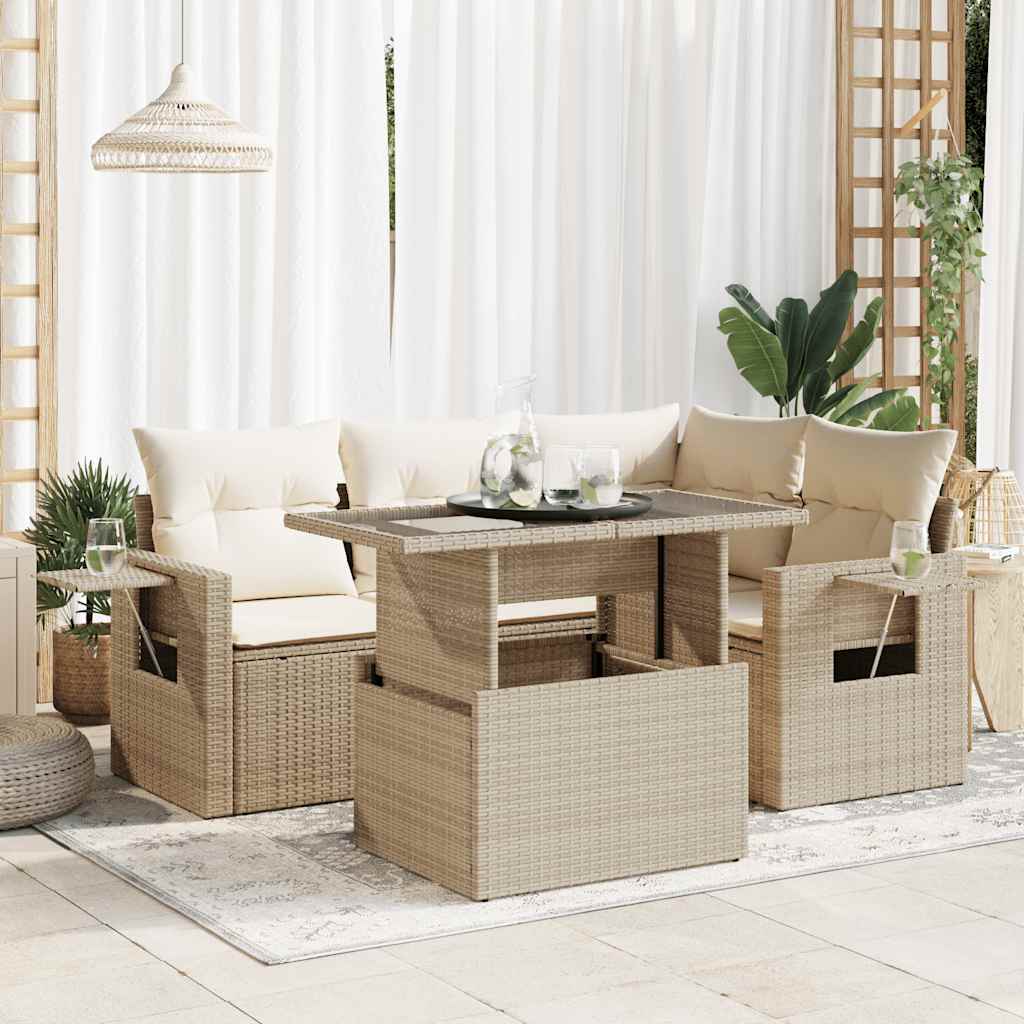 Set Divano da Giardino 5 pz con Cuscini Beige in Polyrattan