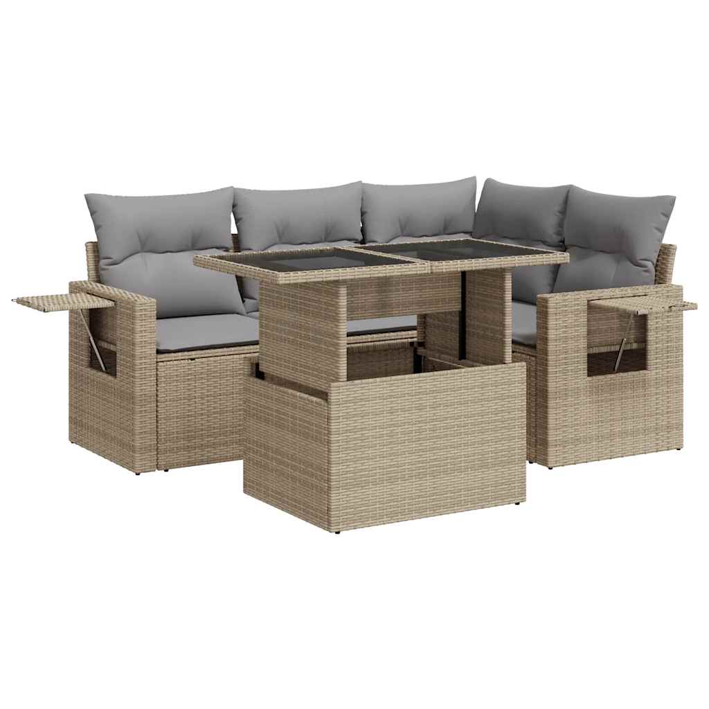 Set Divano da Giardino 5 pz con Cuscini Beige in Polyrattan