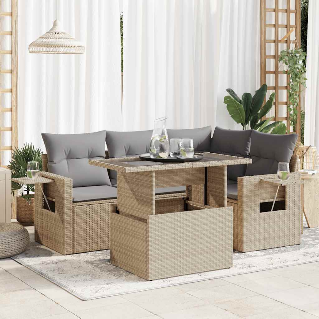 Set Divano da Giardino 5 pz con Cuscini Beige in Polyrattan