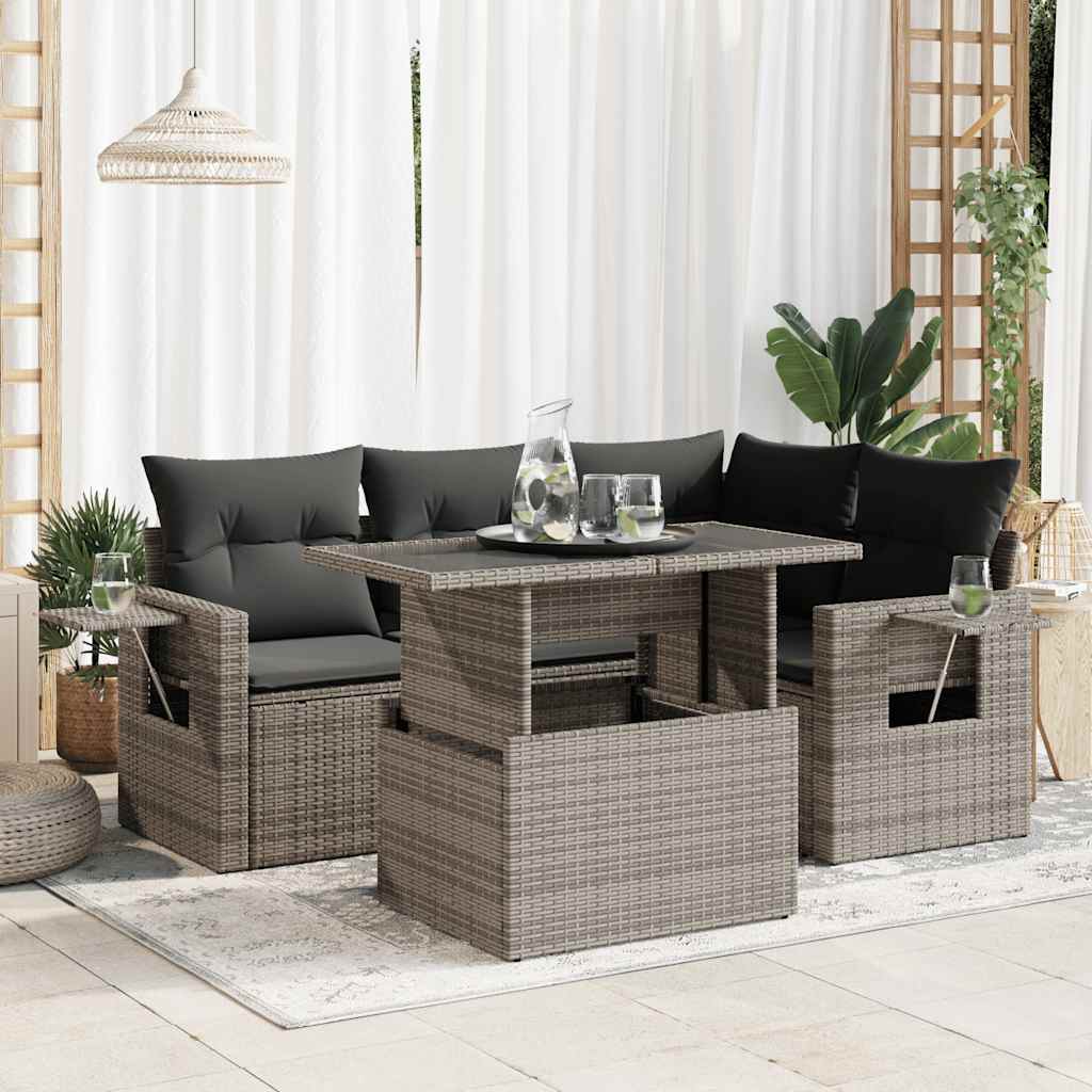 Set Divano da Giardino 5 pz con Cuscini Grigio in Polyrattan