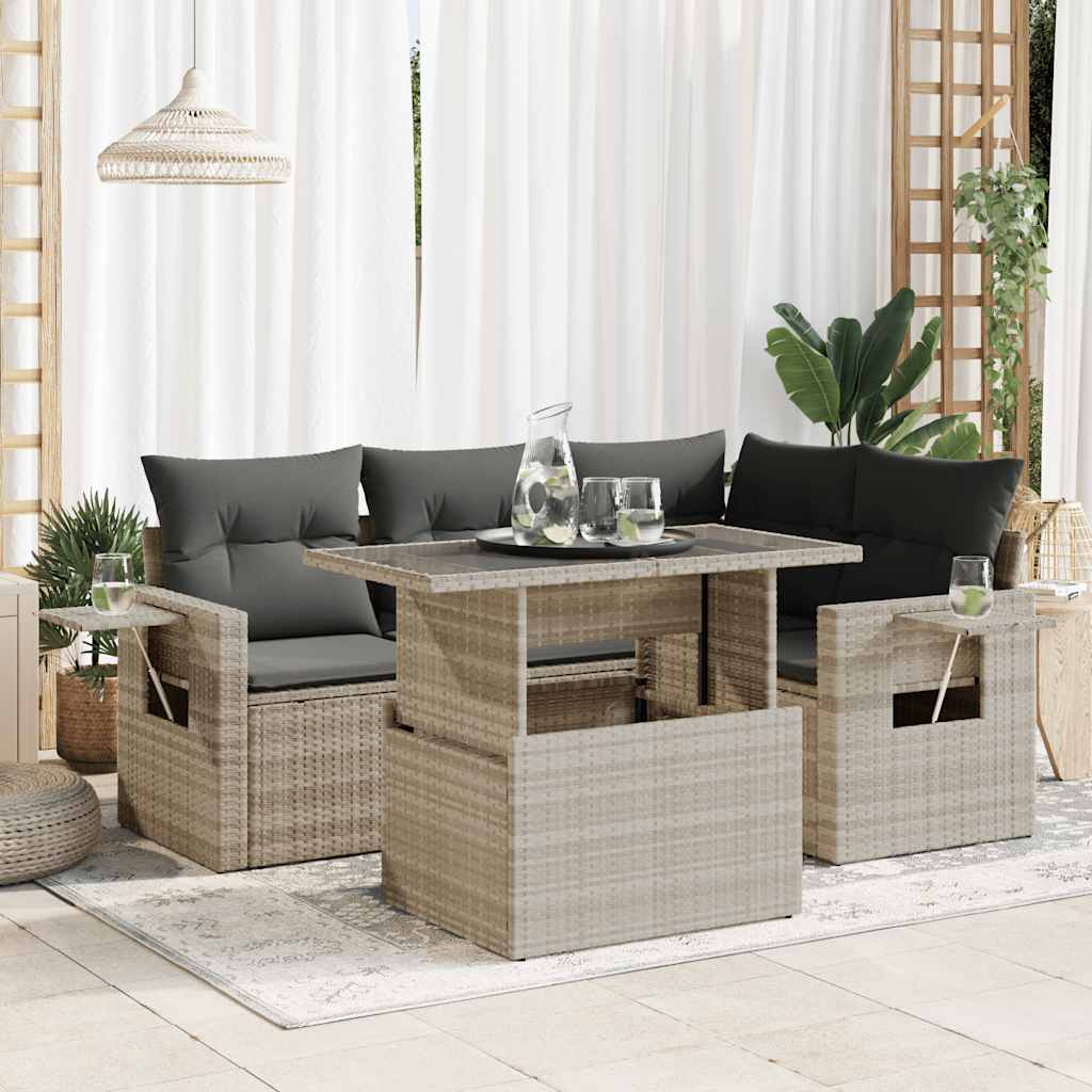 Set Divano da Giardino 5pz con Cuscini Grigio Chiaro Polyrattan